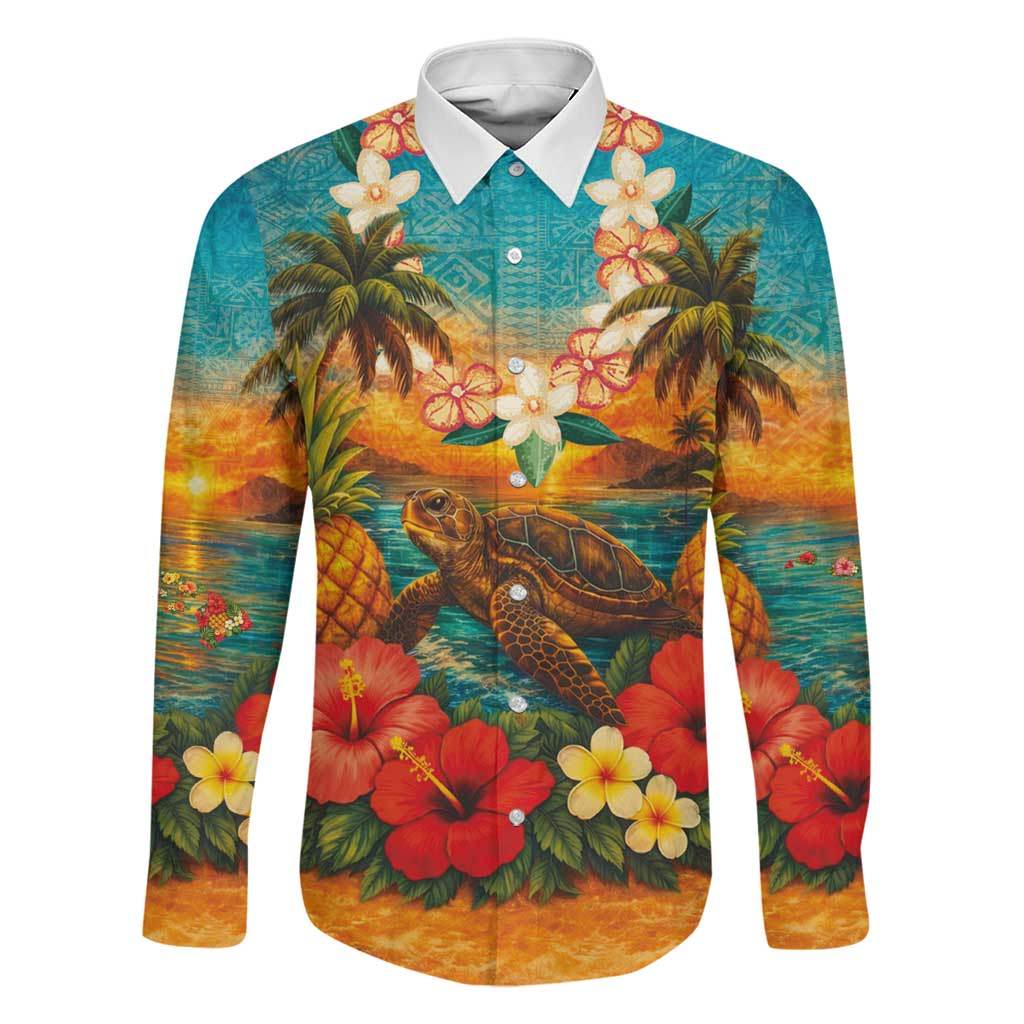 Hawaiian Turtles on Beach Family Matching Off The Shoulder Long Sleeve Dress and Hawaiian Shirt with Pineapple Tropical Plant and Lei