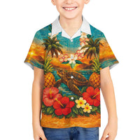 Hawaiian Turtles on Beach Family Matching Off The Shoulder Long Sleeve Dress and Hawaiian Shirt with Pineapple Tropical Plant and Lei