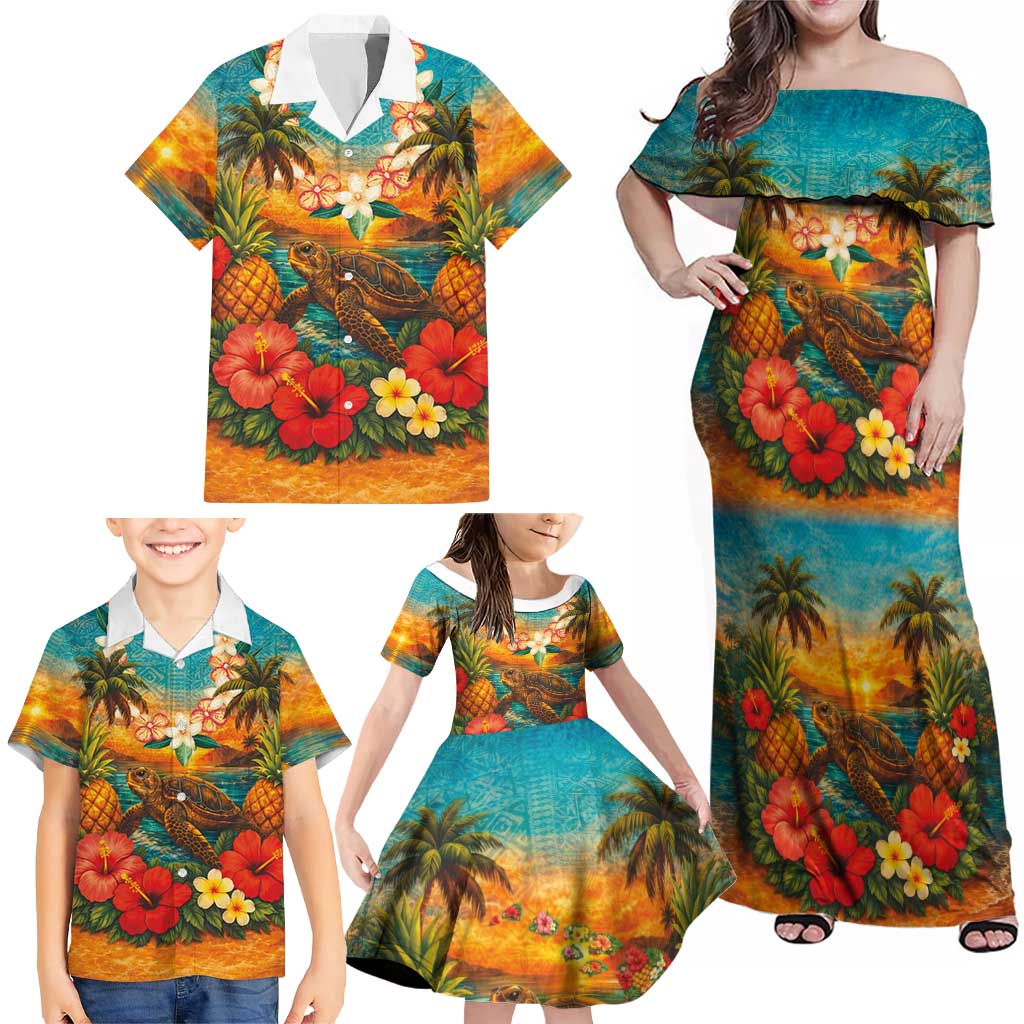 Hawaiian Turtles on Beach Family Matching Off Shoulder Maxi Dress and Hawaiian Shirt with Pineapple Tropical Plant and Lei