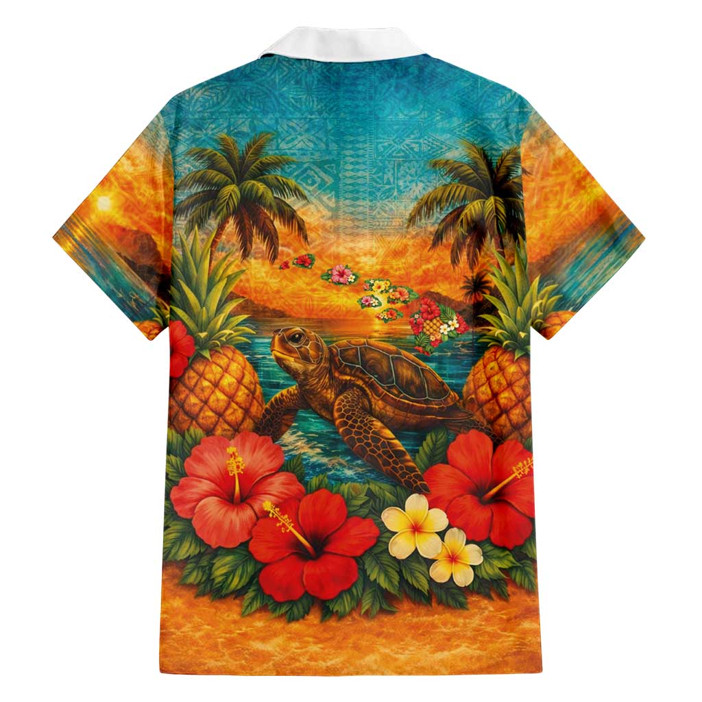 Hawaiian Turtles on Beach Family Matching Off Shoulder Maxi Dress and Hawaiian Shirt with Pineapple Tropical Plant and Lei