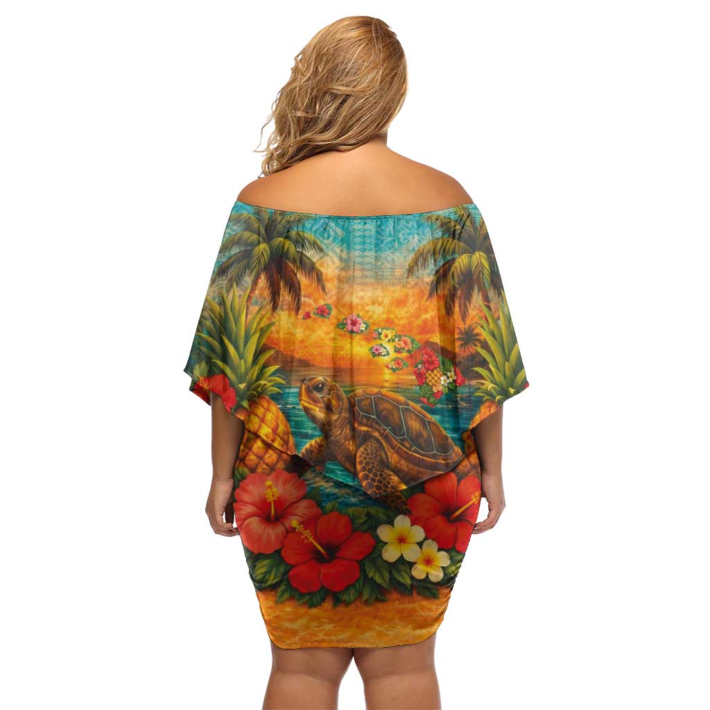 Hawaiian Turtles on Beach Family Matching Off Shoulder Short Dress and Hawaiian Shirt with Pineapple Tropical Plant and Lei