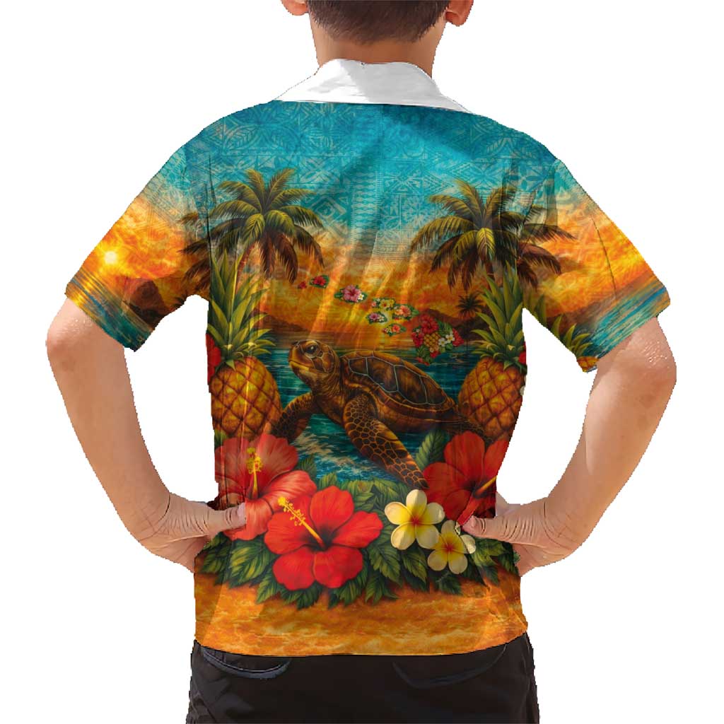 Hawaiian Turtles on Beach Family Matching Short Sleeve Bodycon Dress and Hawaiian Shirt with Pineapple Tropical Plant and Lei
