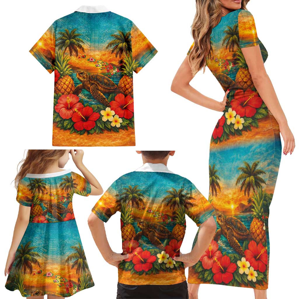 Hawaiian Turtles on Beach Family Matching Short Sleeve Bodycon Dress and Hawaiian Shirt with Pineapple Tropical Plant and Lei