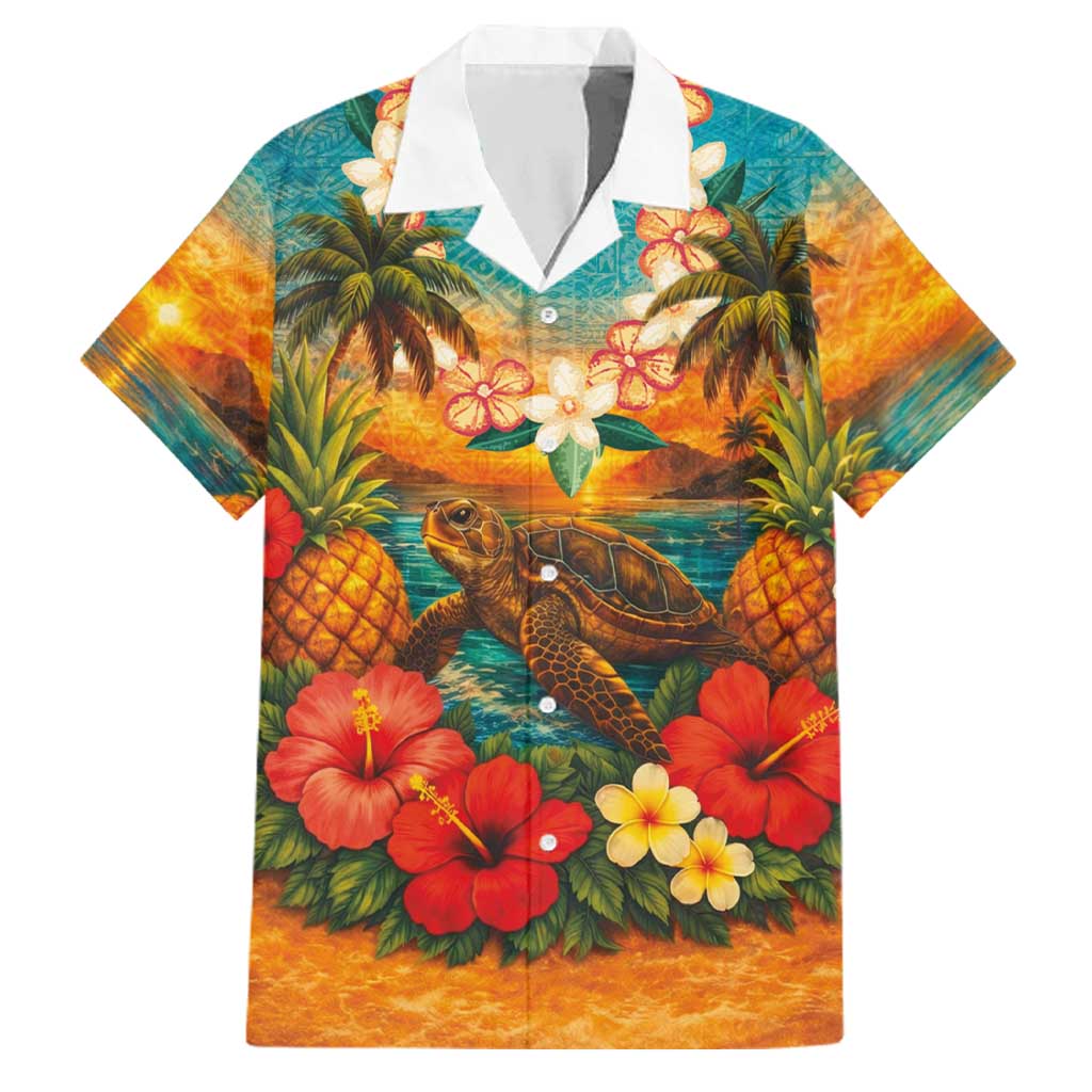 Hawaiian Turtles on Beach Family Matching Short Sleeve Bodycon Dress and Hawaiian Shirt with Pineapple Tropical Plant and Lei