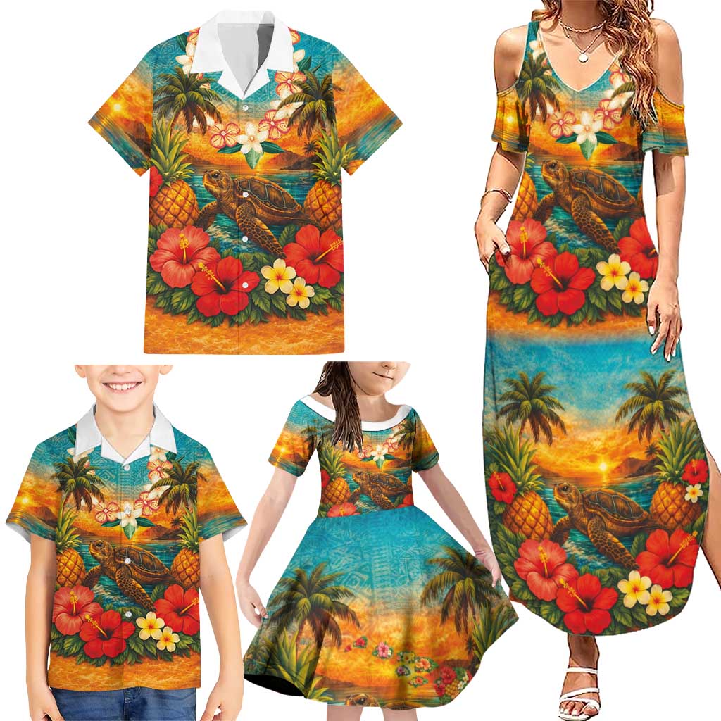 Hawaiian Turtles on Beach Family Matching Summer Maxi Dress and Hawaiian Shirt with Pineapple Tropical Plant and Lei