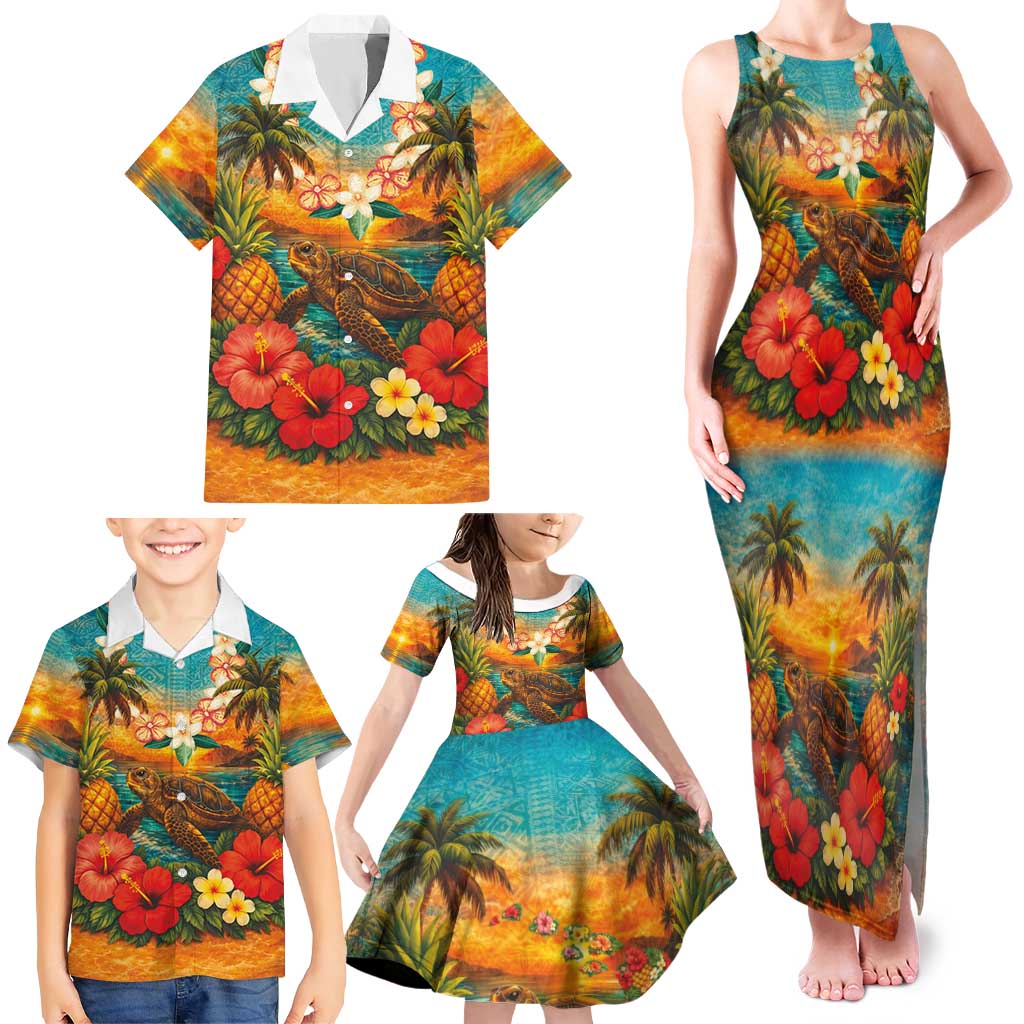 Hawaiian Turtles on Beach Family Matching Tank Maxi Dress and Hawaiian Shirt with Pineapple Tropical Plant and Lei