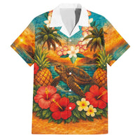 Hawaiian Turtles on Beach Family Matching Tank Maxi Dress and Hawaiian Shirt with Pineapple Tropical Plant and Lei