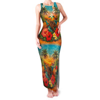 Hawaiian Turtles on Beach Family Matching Tank Maxi Dress and Hawaiian Shirt with Pineapple Tropical Plant and Lei