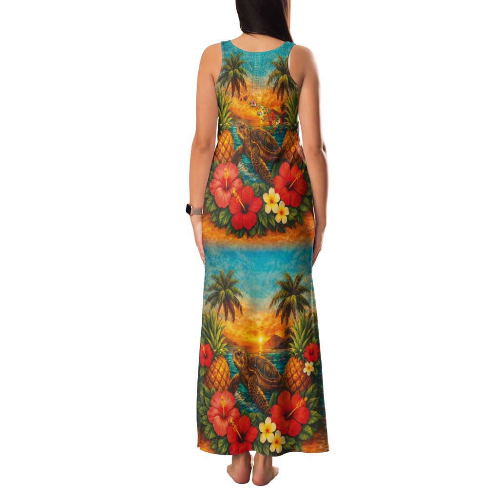 Hawaiian Turtles on Beach Family Matching Tank Maxi Dress and Hawaiian Shirt with Pineapple Tropical Plant and Lei