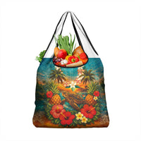 Hawaiian Turtles on Beach Grocery Bag with Pineapple Tropical Plant and Lei