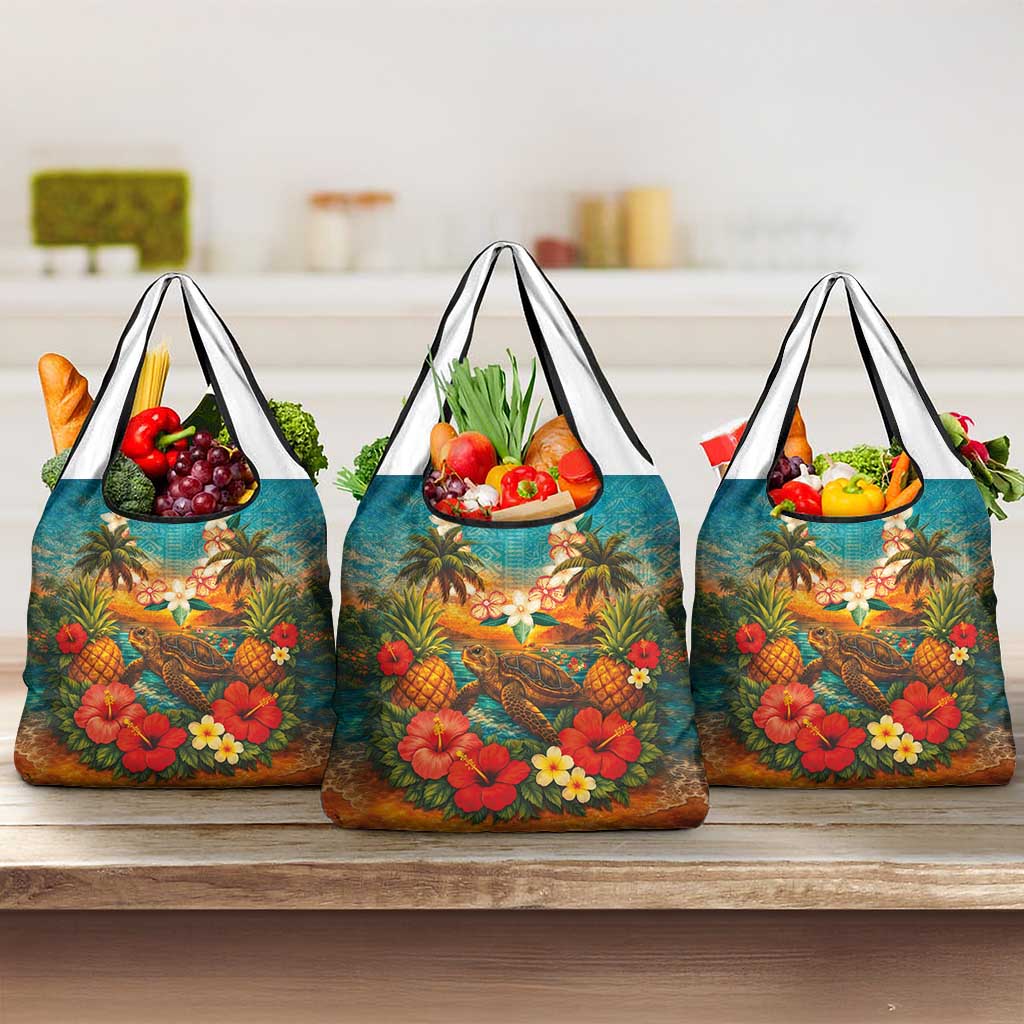 Hawaiian Turtles on Beach Grocery Bag with Pineapple Tropical Plant and Lei