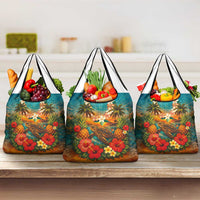 Hawaiian Turtles on Beach Grocery Bag with Pineapple Tropical Plant and Lei