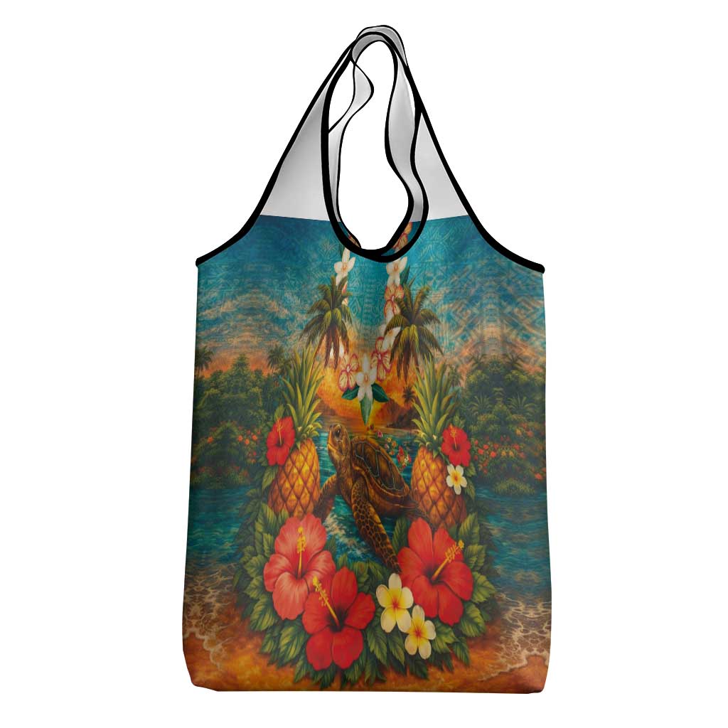 Hawaiian Turtles on Beach Grocery Bag with Pineapple Tropical Plant and Lei