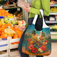 Hawaiian Turtles on Beach Grocery Bag with Pineapple Tropical Plant and Lei