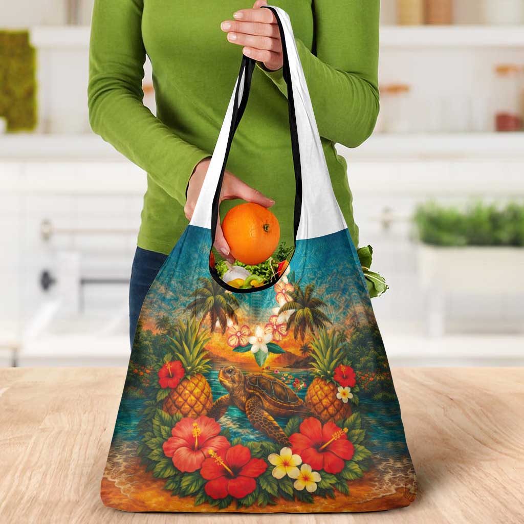 Hawaiian Turtles on Beach Grocery Bag with Pineapple Tropical Plant and Lei