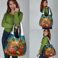 Hawaiian Turtles on Beach Grocery Bag with Pineapple Tropical Plant and Lei