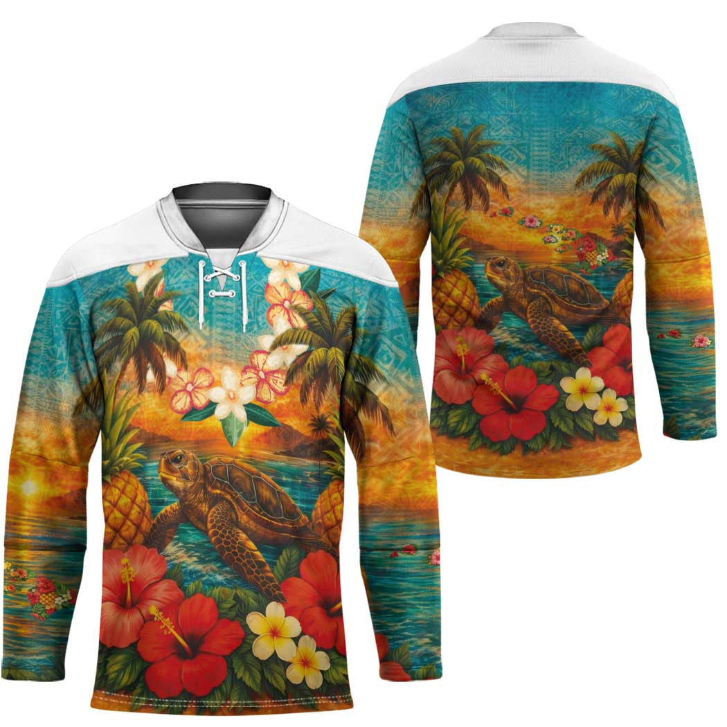Hawaiian Turtles on Beach Hockey Jersey with Pineapple Tropical Plant and Lei LT03 - Polynesian Pride