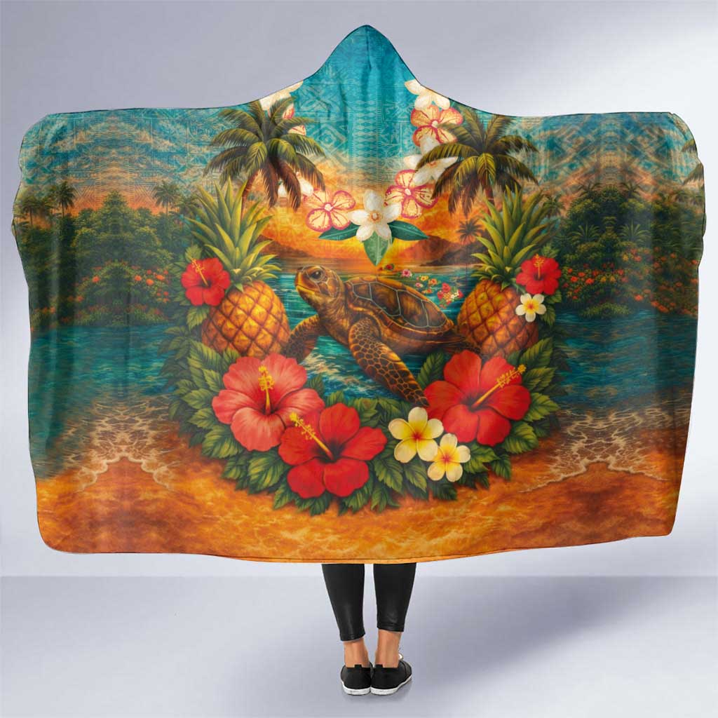 Hawaiian Turtles on Beach Hooded Blanket with Pineapple Tropical Plant and Lei LT03 One Size Multicolor - Polynesian Pride