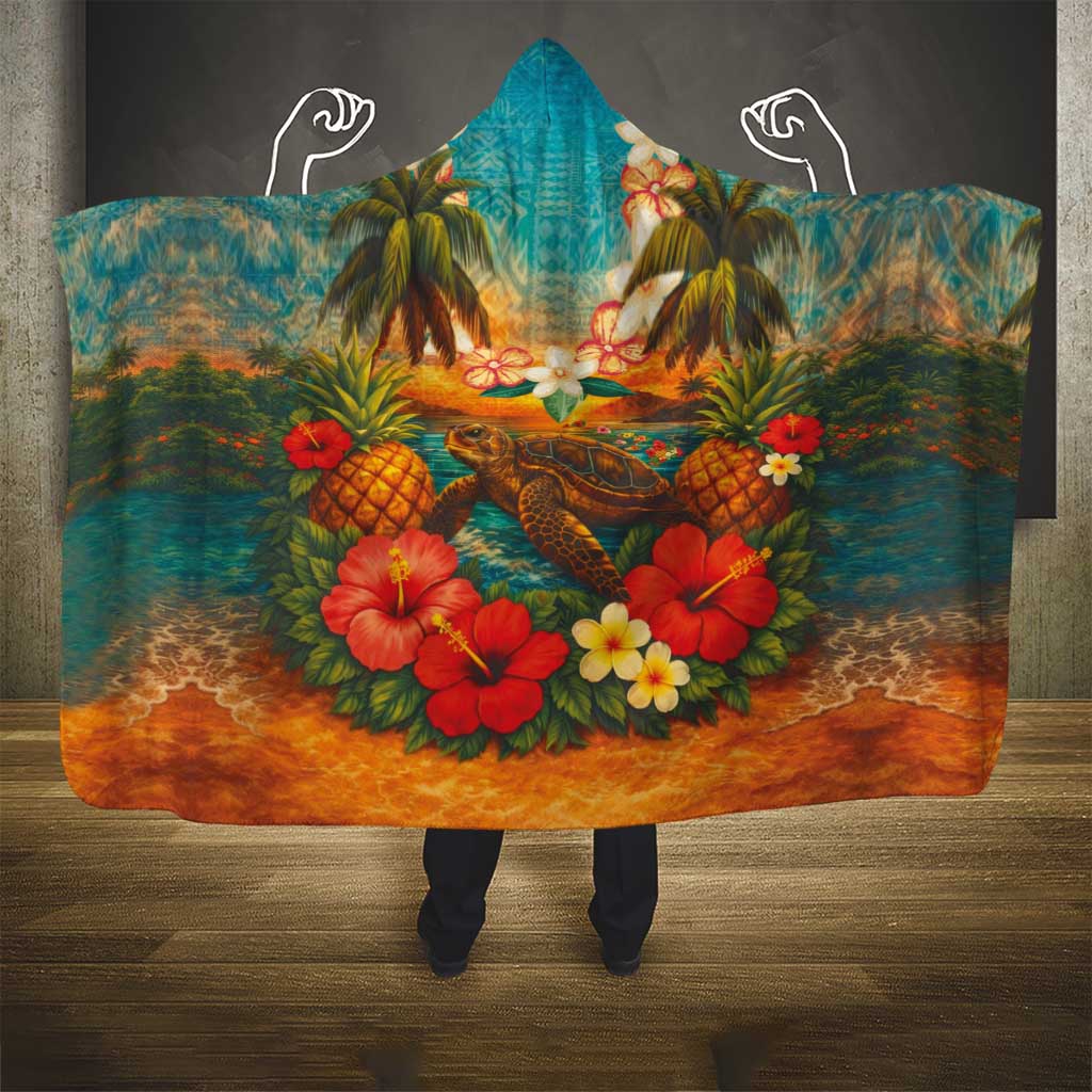 Hawaiian Turtles on Beach Hooded Blanket with Pineapple Tropical Plant and Lei LT03 - Polynesian Pride
