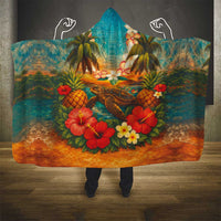 Hawaiian Turtles on Beach Hooded Blanket with Pineapple Tropical Plant and Lei LT03 - Polynesian Pride