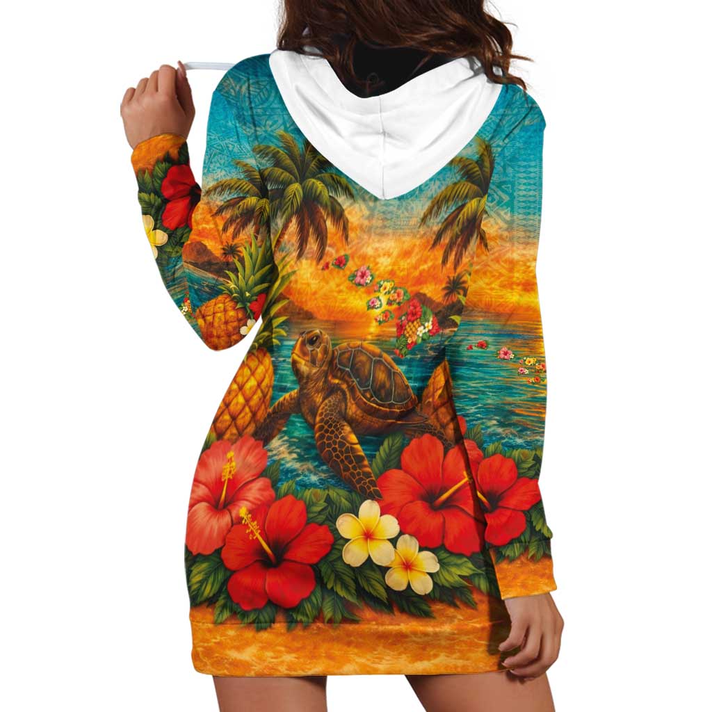 Hawaiian Turtles on Beach Hoodie Dress with Pineapple Tropical Plant and Lei