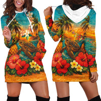 Hawaiian Turtles on Beach Hoodie Dress with Pineapple Tropical Plant and Lei