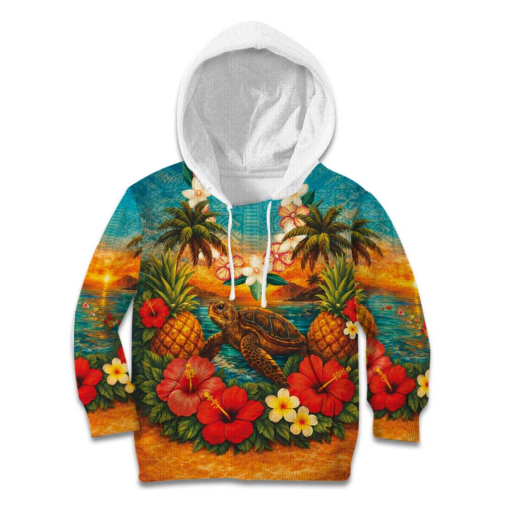 Hawaiian Turtles on Beach Kid Hoodie with Pineapple Tropical Plant and Lei LT03 Hoodie Multicolor - Polynesian Pride