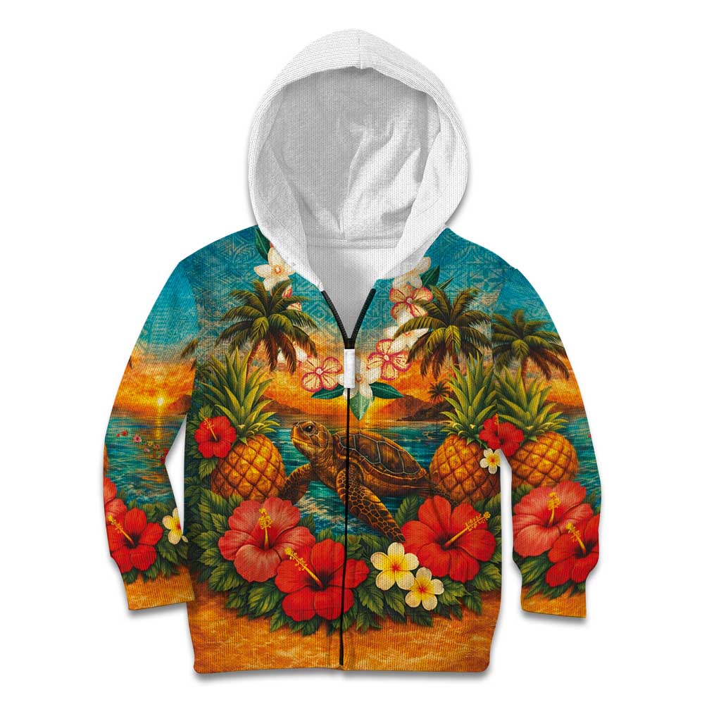 Hawaiian Turtles on Beach Kid Hoodie with Pineapple Tropical Plant and Lei LT03 Zip Hoodie Multicolor - Polynesian Pride
