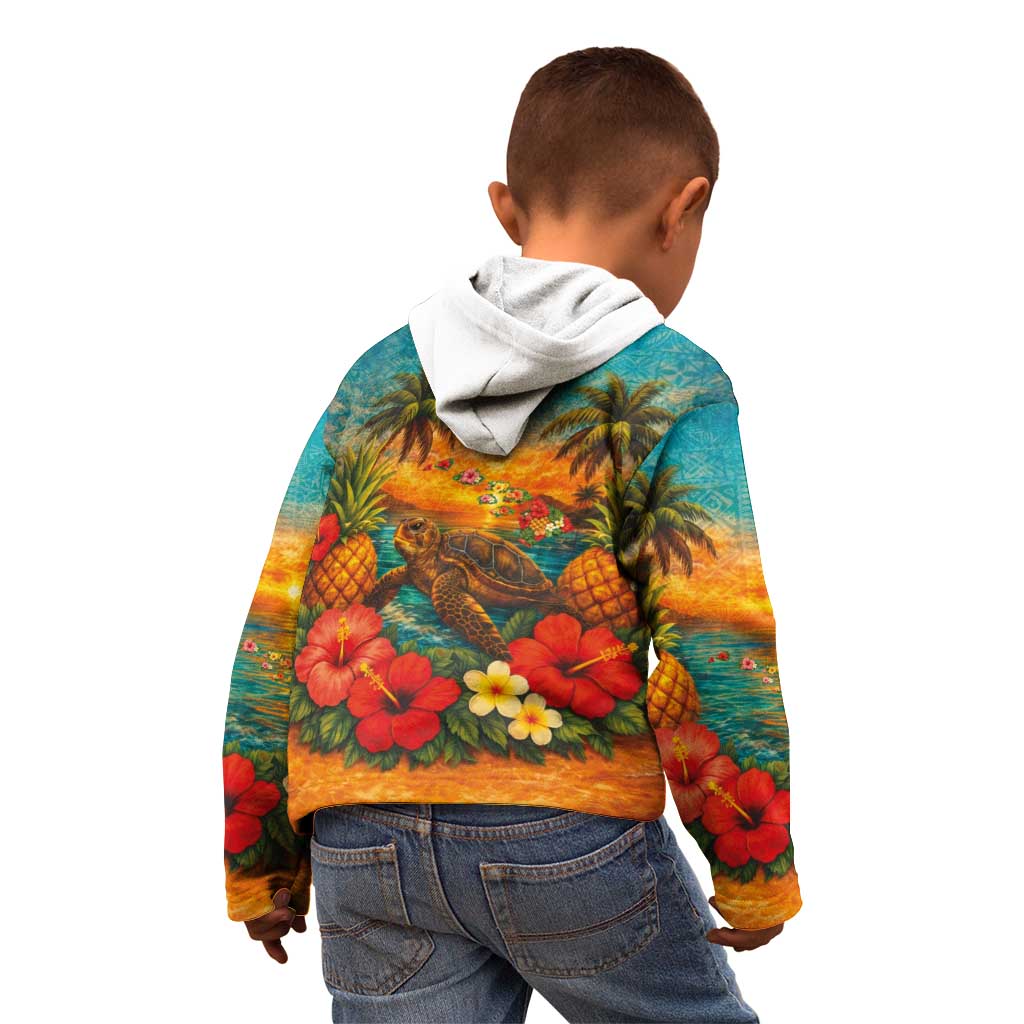Hawaiian Turtles on Beach Kid Hoodie with Pineapple Tropical Plant and Lei LT03 - Polynesian Pride
