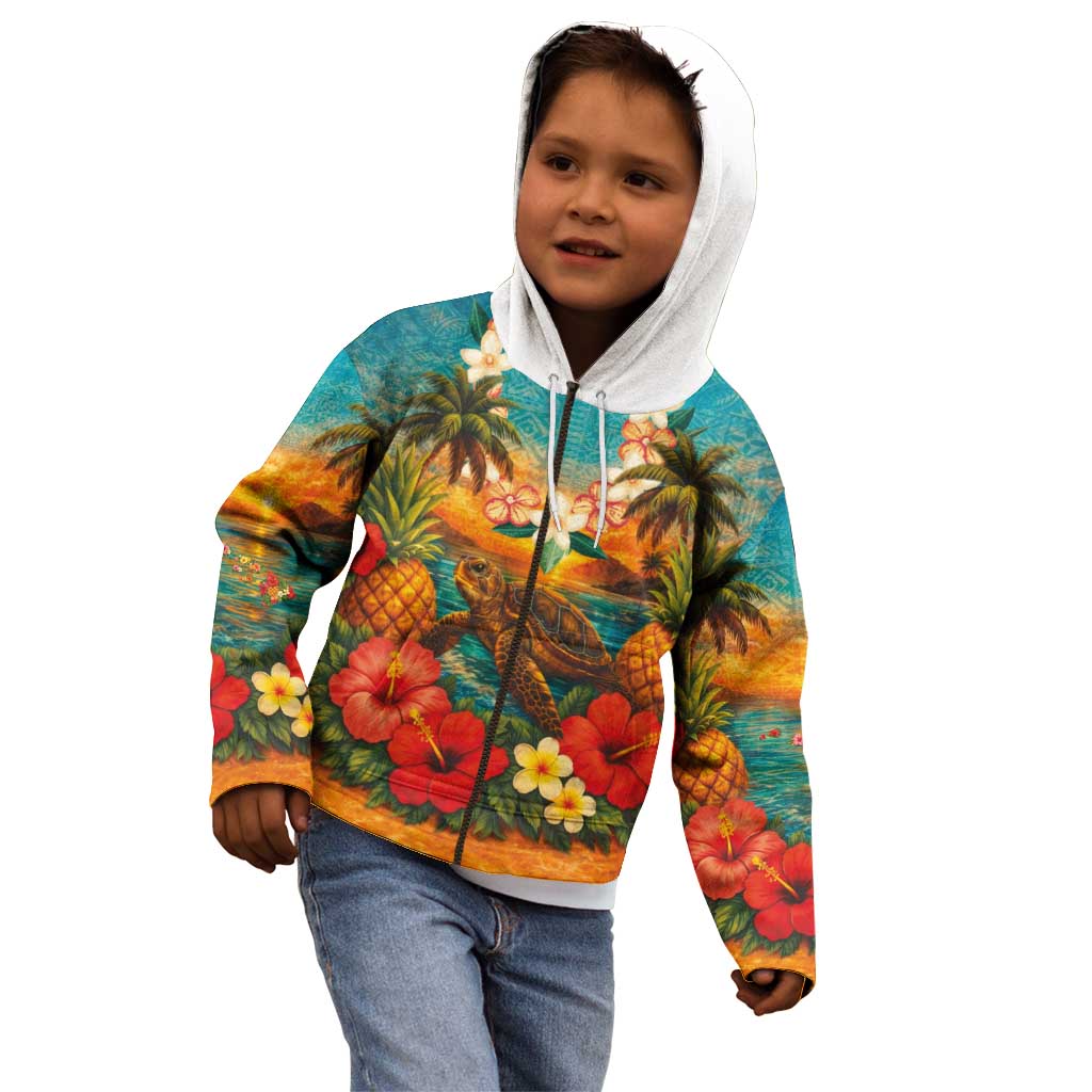 Hawaiian Turtles on Beach Kid Hoodie with Pineapple Tropical Plant and Lei LT03 - Polynesian Pride