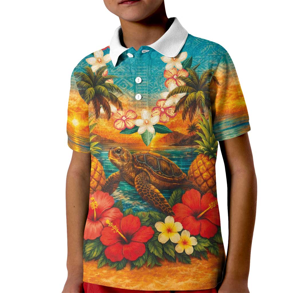 Hawaiian Turtles on Beach Kid Polo Shirt with Pineapple Tropical Plant and Lei LT03 Kid Multicolor - Polynesian Pride