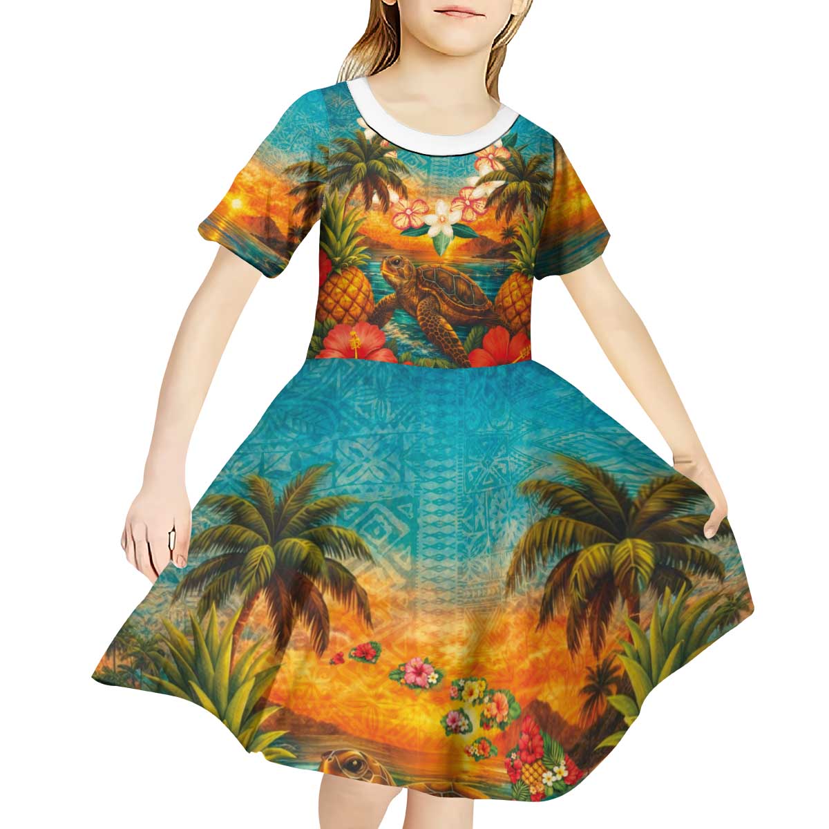 Hawaiian Turtles on Beach Kid Short Sleeve Dress with Pineapple Tropical Plant and Lei LT03 - Polynesian Pride