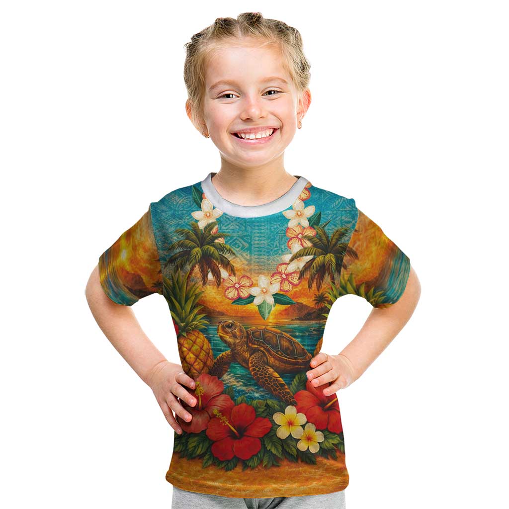 Hawaiian Turtles on Beach Kid T Shirt with Pineapple Tropical Plant and Lei LT03 Multicolor - Polynesian Pride