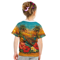 Hawaiian Turtles on Beach Kid T Shirt with Pineapple Tropical Plant and Lei LT03 - Polynesian Pride