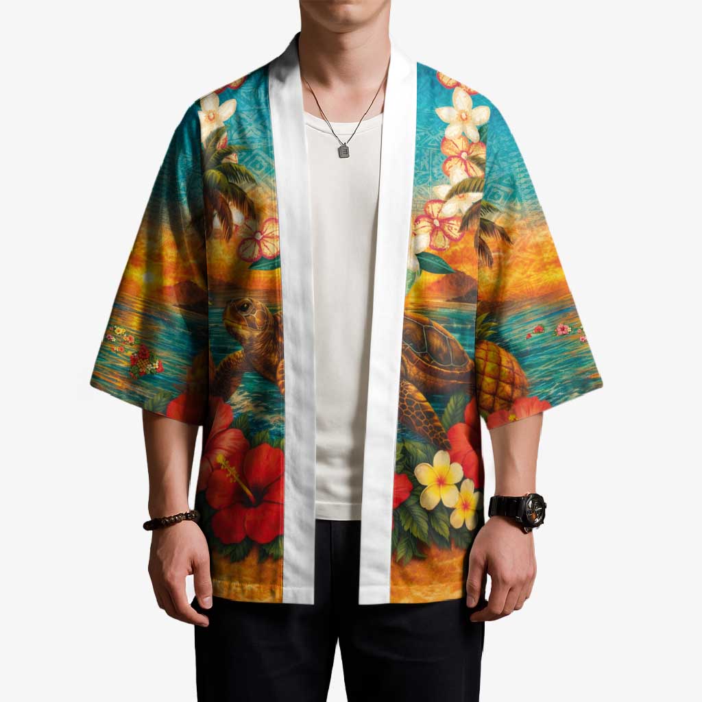 Hawaiian Turtles on Beach Kimono with Pineapple Tropical Plant and Lei LT03 - Polynesian Pride