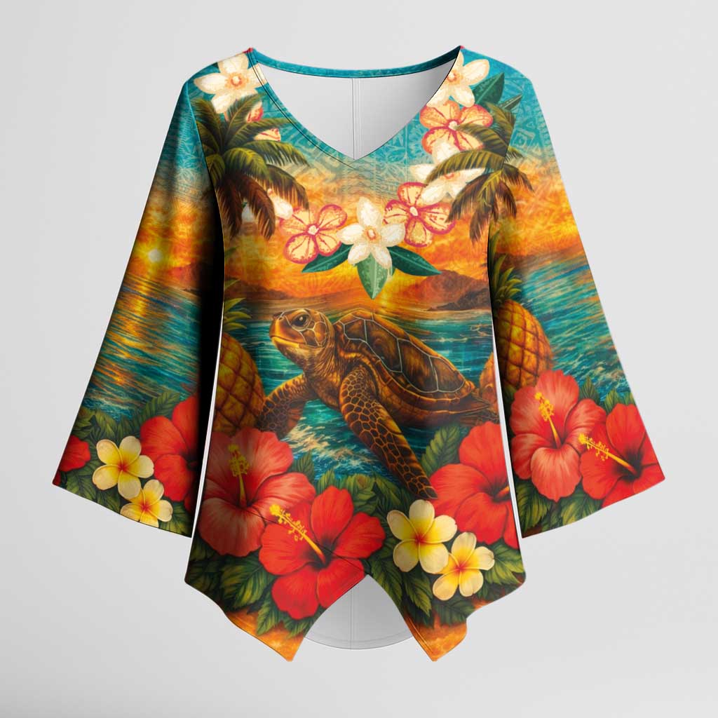 Hawaiian Turtles on Beach Kimono Sleeve Blouse with Pineapple Tropical Plant and Lei LT03 Female Multicolor - Polynesian Pride