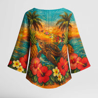 Hawaiian Turtles on Beach Kimono Sleeve Blouse with Pineapple Tropical Plant and Lei LT03 - Polynesian Pride