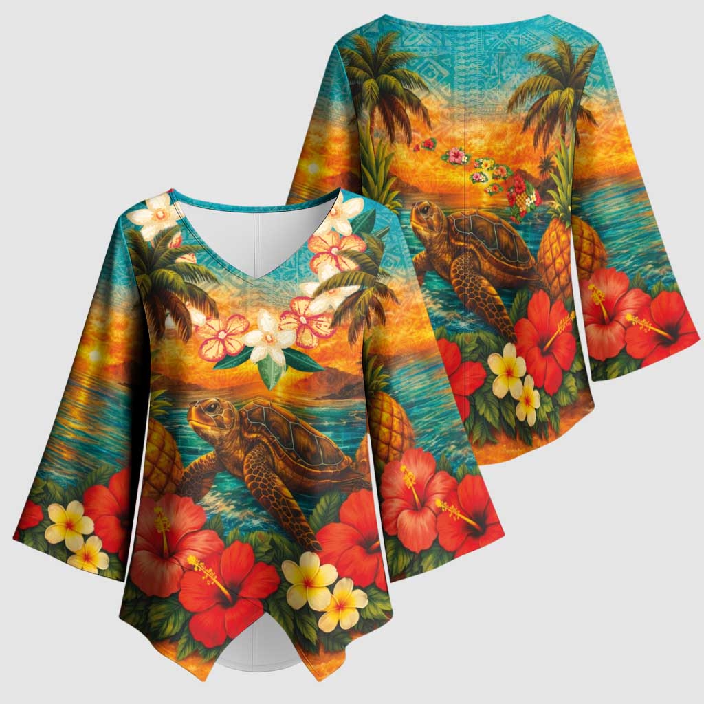 Hawaiian Turtles on Beach Kimono Sleeve Blouse with Pineapple Tropical Plant and Lei LT03 - Polynesian Pride