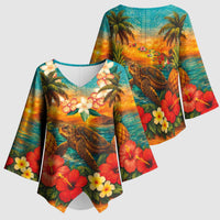Hawaiian Turtles on Beach Kimono Sleeve Blouse with Pineapple Tropical Plant and Lei LT03 - Polynesian Pride