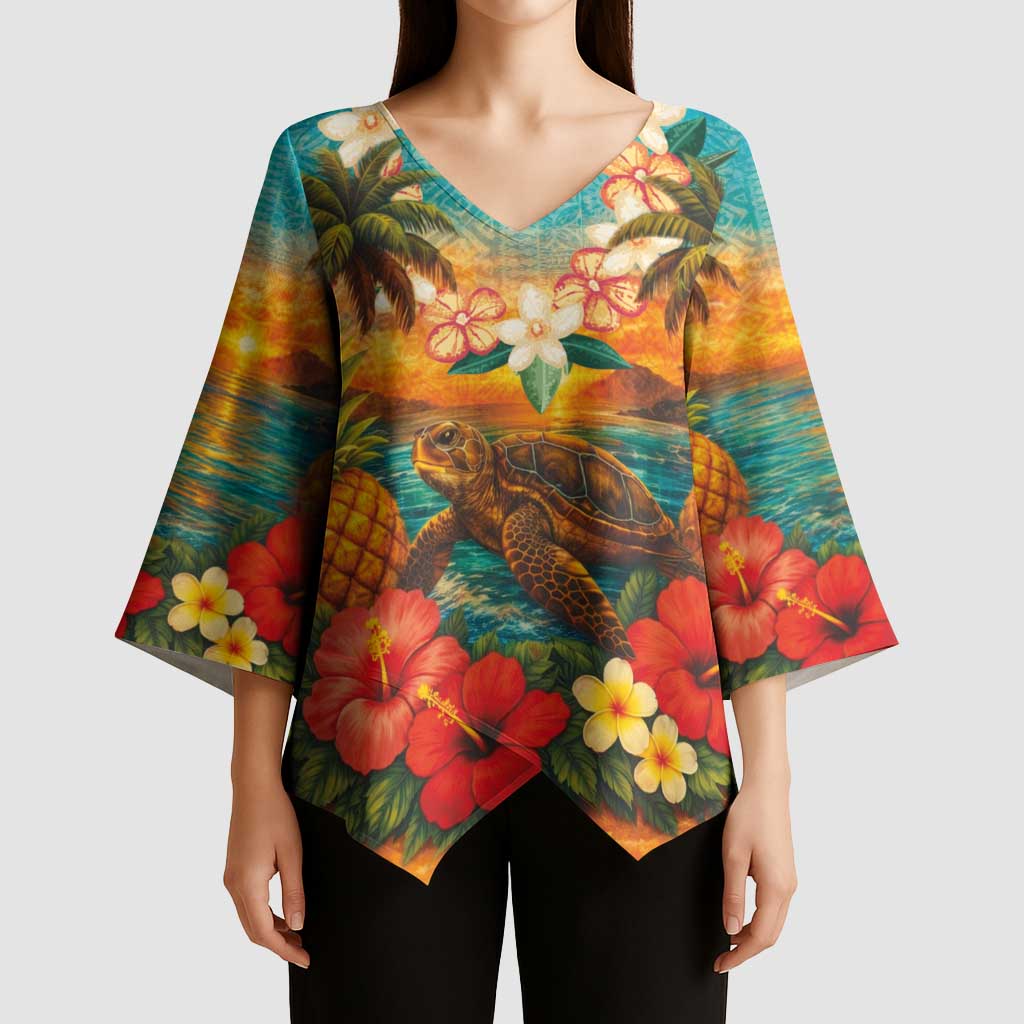 Hawaiian Turtles on Beach Kimono Sleeve Blouse with Pineapple Tropical Plant and Lei LT03 - Polynesian Pride