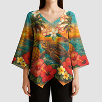 Hawaiian Turtles on Beach Kimono Sleeve Blouse with Pineapple Tropical Plant and Lei LT03 - Polynesian Pride