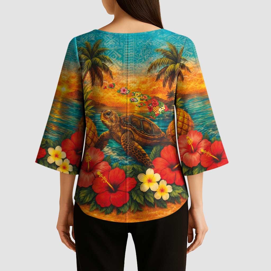 Hawaiian Turtles on Beach Kimono Sleeve Blouse with Pineapple Tropical Plant and Lei LT03 - Polynesian Pride