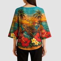 Hawaiian Turtles on Beach Kimono Sleeve Blouse with Pineapple Tropical Plant and Lei LT03 - Polynesian Pride