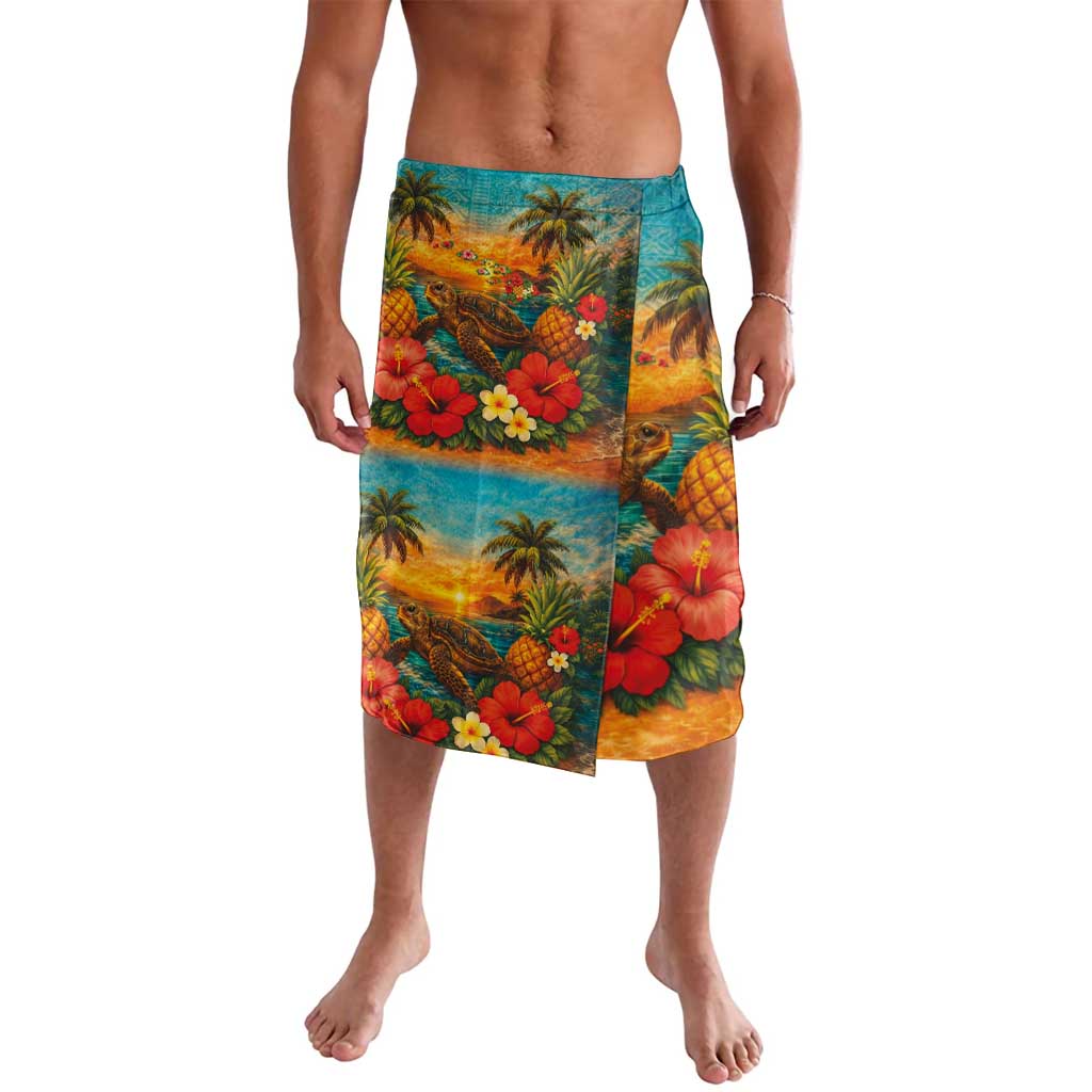 Hawaiian Turtles on Beach Lavalava with Pineapple Tropical Plant and Lei