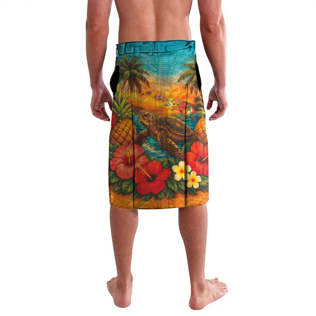 Hawaiian Turtles on Beach Lavalava with Pineapple Tropical Plant and Lei