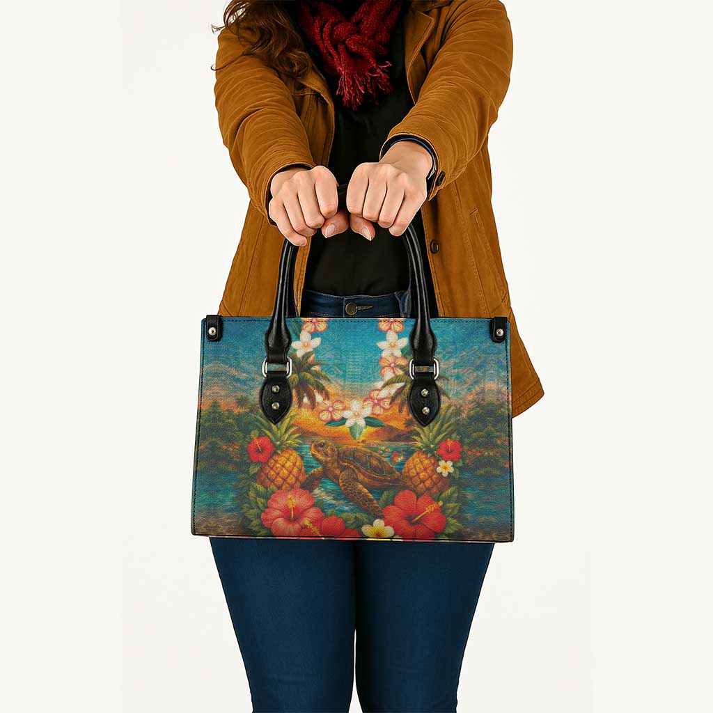 Hawaiian Turtles on Beach Leather Bag with Pineapple Tropical Plant and Lei LT03 - Polynesian Pride