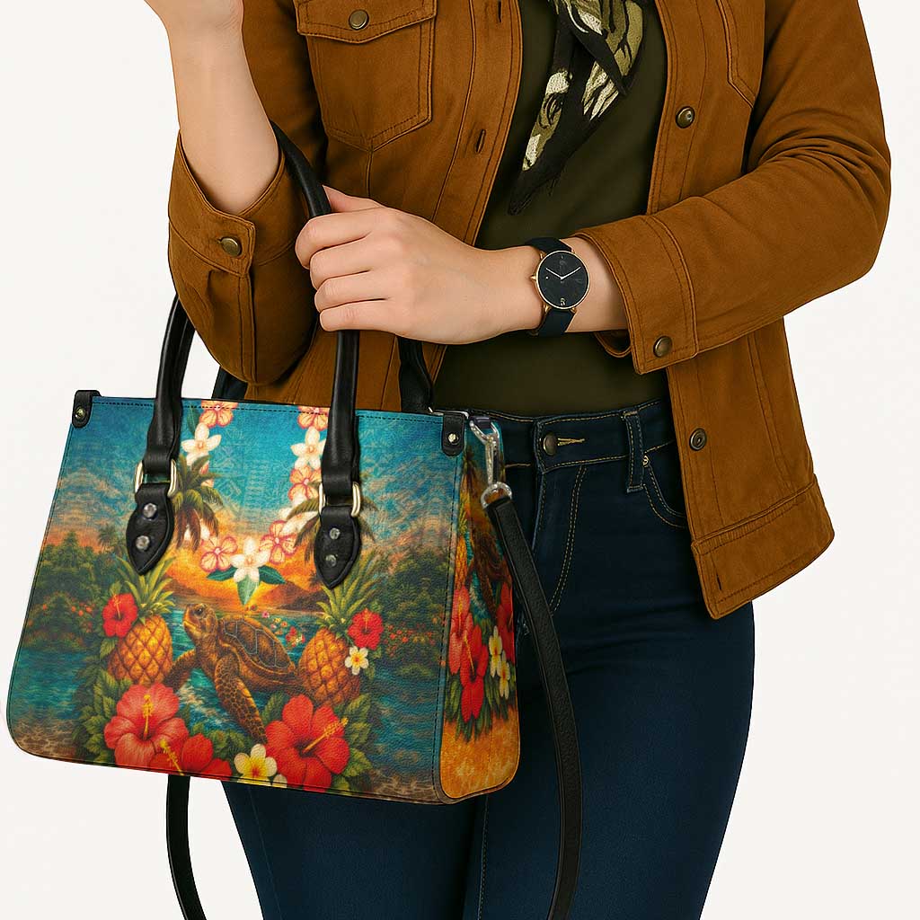 Hawaiian Turtles on Beach Leather Bag with Pineapple Tropical Plant and Lei LT03 - Polynesian Pride