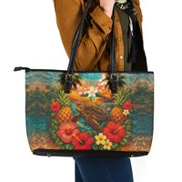 Hawaiian Turtles on Beach Leather Tote Bag with Pineapple Tropical Plant and Lei LT03 - Polynesian Pride