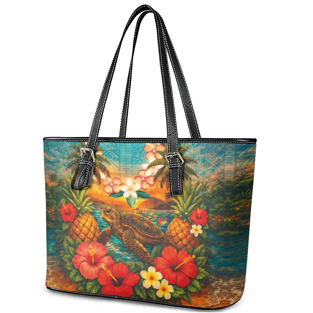 Hawaiian Turtles on Beach Leather Tote Bag with Pineapple Tropical Plant and Lei LT03 - Polynesian Pride