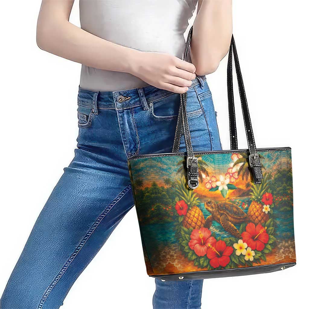 Hawaiian Turtles on Beach Leather Tote Bag with Pineapple Tropical Plant and Lei LT03 - Polynesian Pride